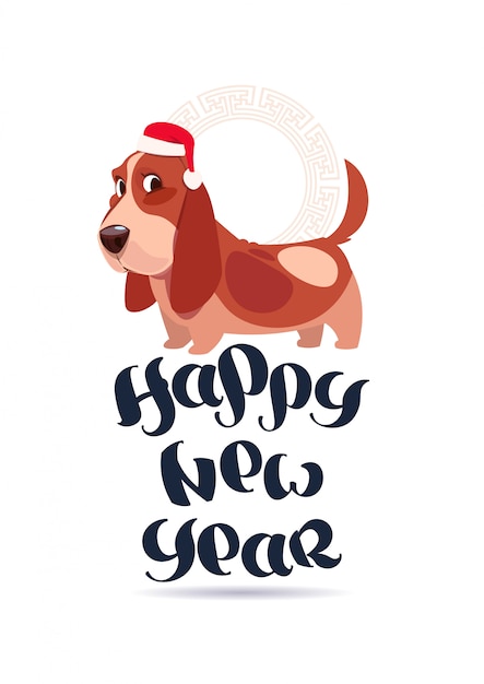 Lindo basset dog en santa hat en feliz año nuevo tarjeta de felicitación vacaciones letras banner