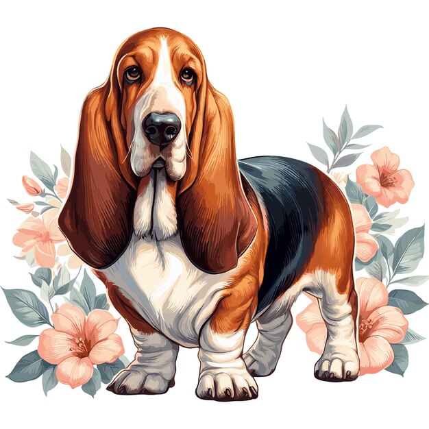 Lindo Basset Hound Perro amplificador de flores Estilo vectorial Fondo blanco