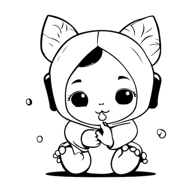 Lindo bebé animal con auriculares dibujos animados ilustración vectorial diseño gráfico en blanco y negro