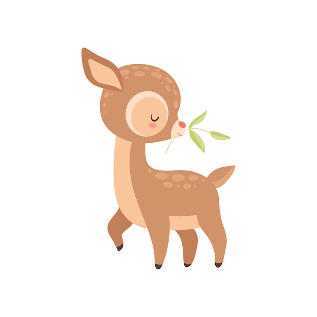 Lindo bebé ciervo con una ramita en su boca adorable ilustración vectorial de animales de la selva