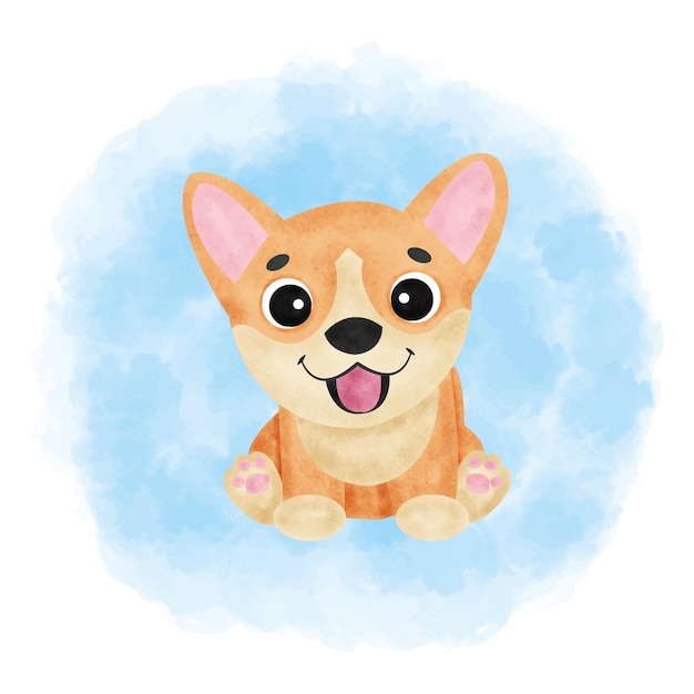lindo bebé corgi acuarela fondo azul.