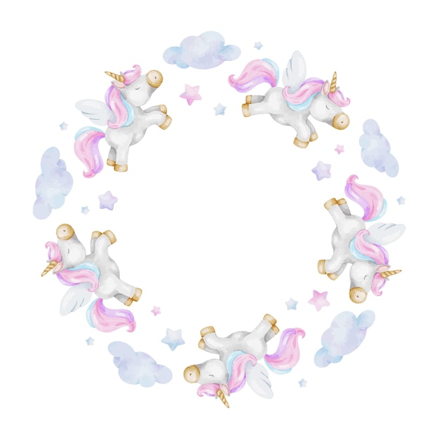 Lindo bebé cuento de hadas unicornio nubes estrellas marco de acuarela aislado diseño lindo para niños bienes invitaciones postales baby shower y habitación de niños