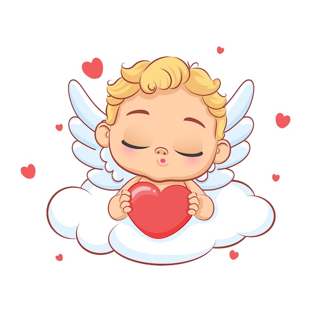 Lindo bebé cupido en una nube tiene un corazón. Ilustración de dibujos animados vectoriales.