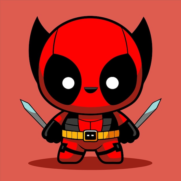 Un lindo bebé Deadpool con una espada en la mano
