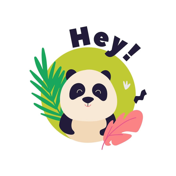 Vector lindo bebé dibujos animados panda animales en círculo y hojas tropicales diseño ilustración