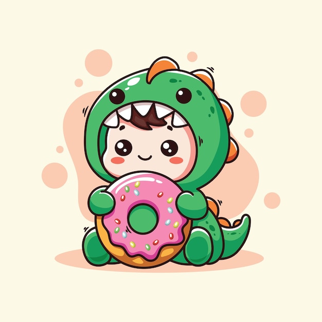 El lindo bebé dinosaurio con rosquilla Ilustración vectorial estilo dibujos animados