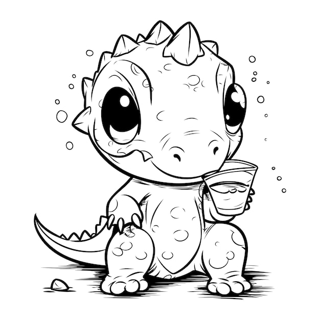Lindo bebé dinosaurio con un vaso de agua ilustración vectorial