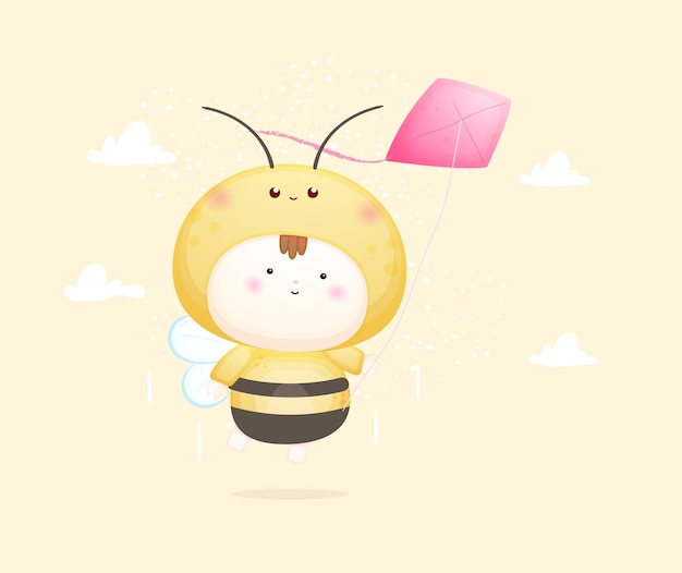 Lindo bebé disfrazado de abeja volando con cometas. Ilustración de dibujos animados de mascota Vector Premium