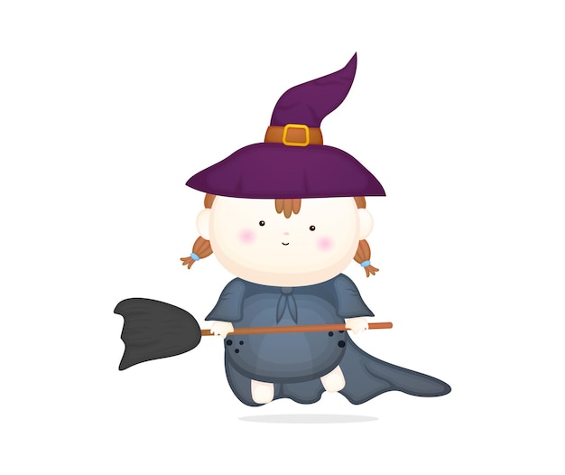 Lindo bebé disfrazado de bruja con escoba. Disfraz de Halloween Vector Premium