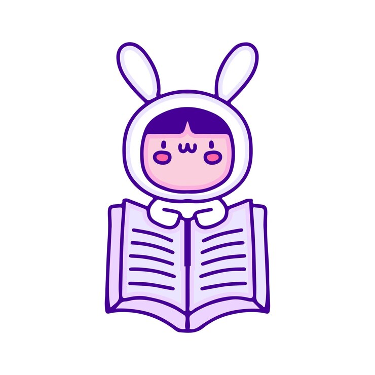 Vector lindo bebé disfrazado de conejito con arte de garabatos de libros, ilustración para camiseta, pegatina.