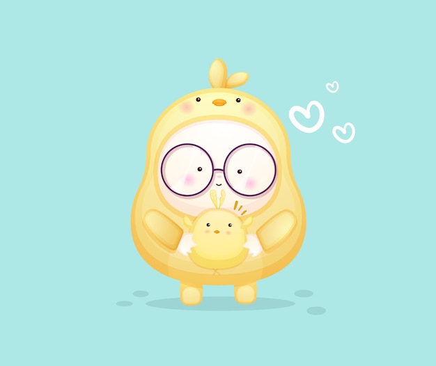 Lindo bebé disfrazado de pollitos y abrazos amigo. Ilustración de dibujos animados de mascota Vector Premium