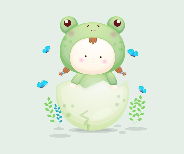 Lindo bebé disfrazado de rana con huevo de colores. Ilustración de dibujos animados de mascota Vector Premium