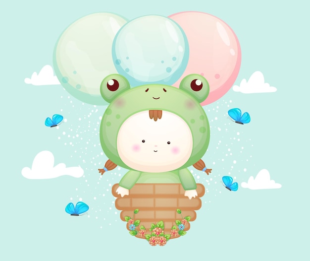Vector lindo bebé disfrazado de rana volando con globo. ilustración de dibujos animados de mascota vector premium