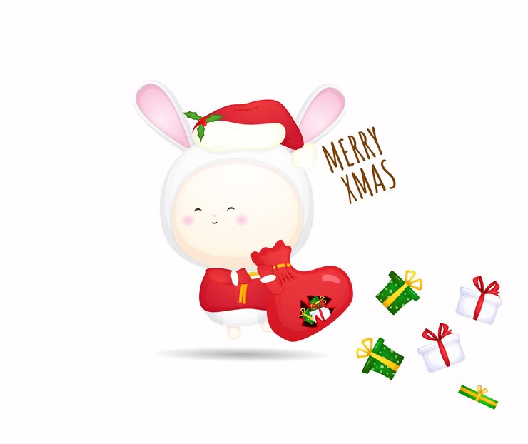 Vector lindo bebé disfrazado con un saco de regalos para vacaciones navideñas vector premium