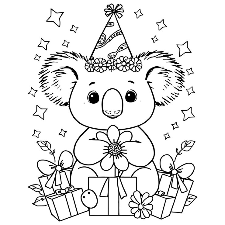 Lindo bebé divertido Koala Line Art y esquema para páginas para colorear