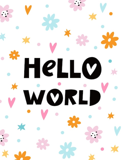 Lindo bebé ducha animales tarjeta Hola mundo celebración de aniversario de nacimiento recién nacidos niños vacaciones corazones de amor flores en flor letras de frase diseño de pancarta de invitación vectorial