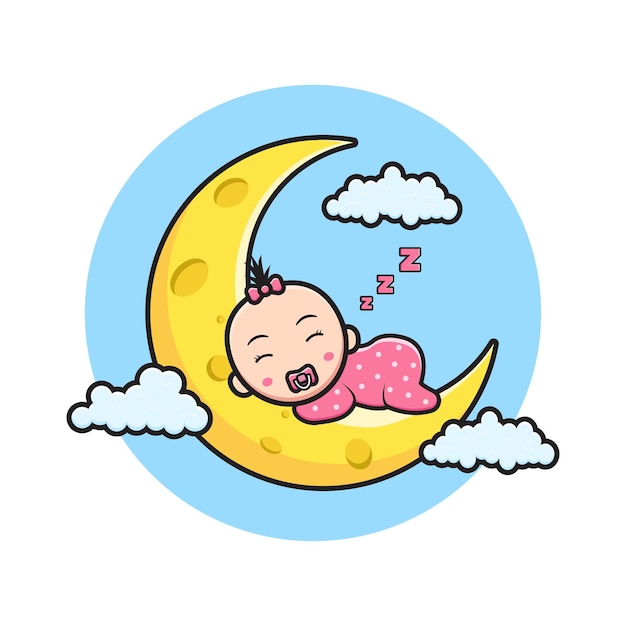 Lindo bebé durmiendo en la ilustración de icono de dibujos animados de luna. Diseño de estilo de dibujos animados plano aislado