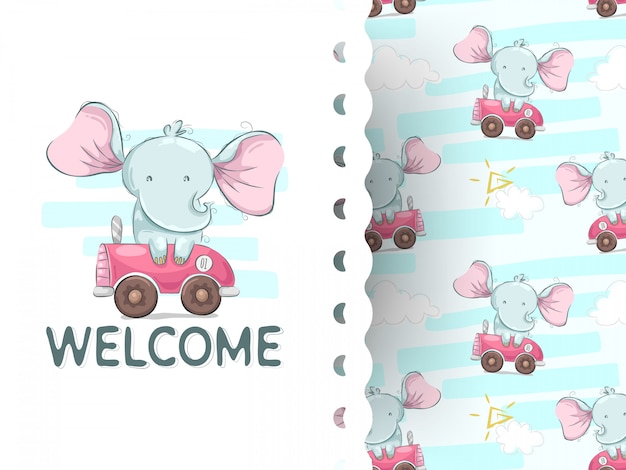 Lindo bebé elefante con dibujos animados de coches