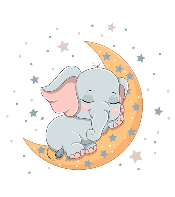 Vector lindo bebé elefante durmiendo en la media luna ilustración vectorial de dibujos animados plana