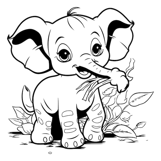 Lindo bebé elefante con hojas ilustración vectorial en blanco y negro