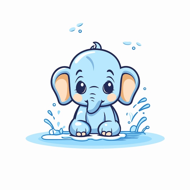 Vector lindo bebé elefante jugando en el agua ilustración de dibujos animados de vector plano