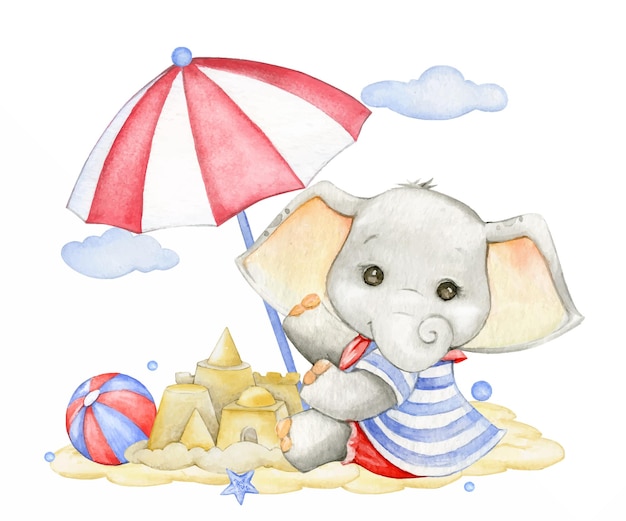 Lindo bebé elefante en un traje de marinero castillo de arena paraguas acuarela clipart