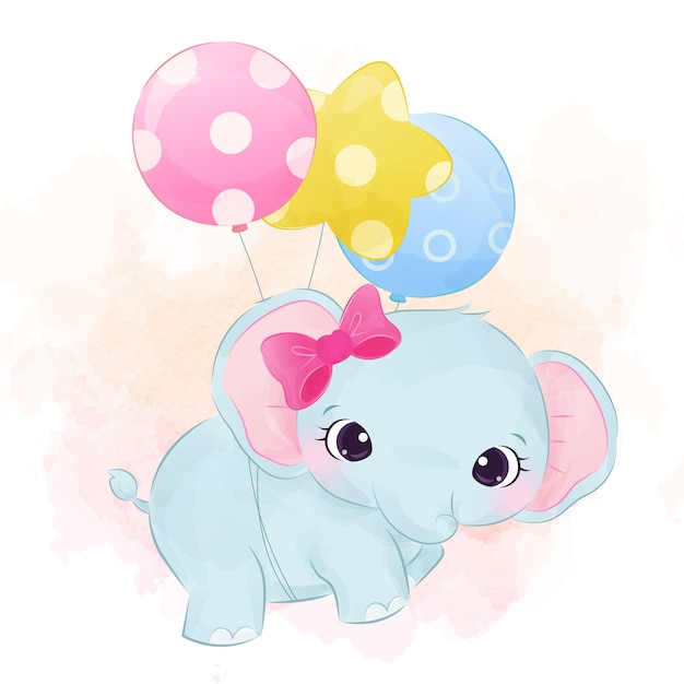 Vector lindo bebé elefante volando con globos acuarela