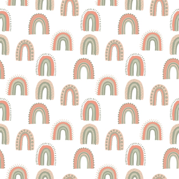 Lindo bebé escandinavo arco iris de patrones sin fisuras. Papel pintado para niños y textura sin costuras con estampado textil. . ilustración vectorial