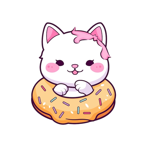 Lindo bebé gatito con donut Niños ilustración Vector ilustración