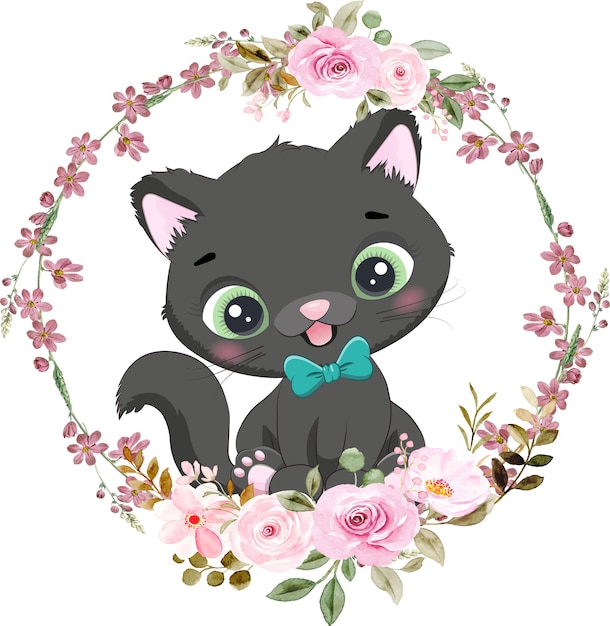 Lindo bebé gatito con vector de corona de flores