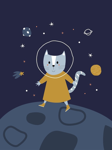 Lindo bebé gato camina en el planeta espacial lunar