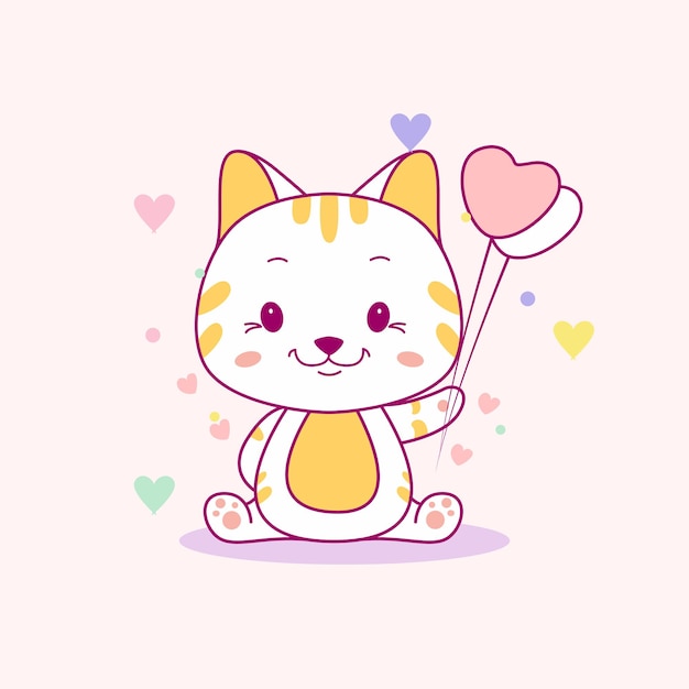 Lindo bebé gato con globos de corazón ilustración vectorial