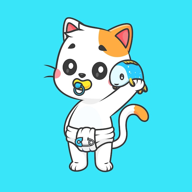 Un lindo bebé gato sosteniendo un pez icono vectorial de dibujos animados Ilustración icono de comida animal icono plano aislado