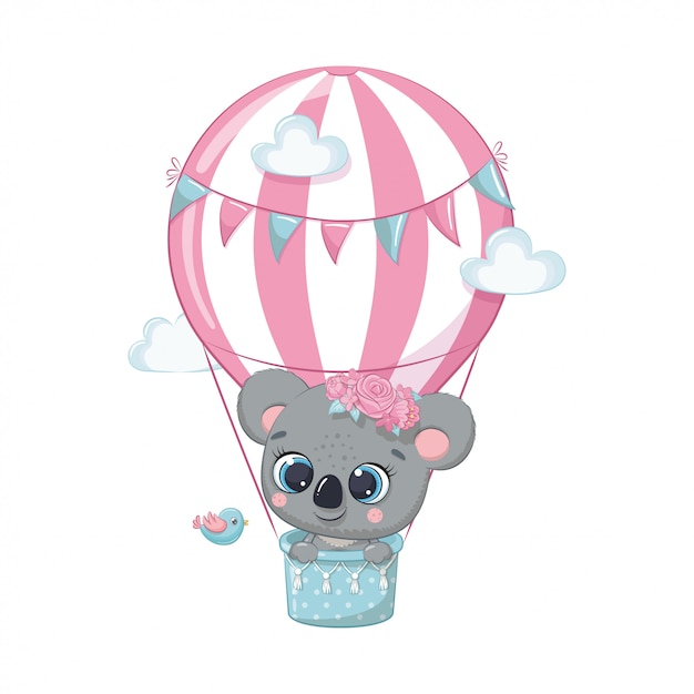 Lindo bebé koala oso en un globo de aire caliente. ilustración