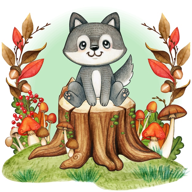 Lindo bebé lobo gris en un tocón de árbol en otoño bosque