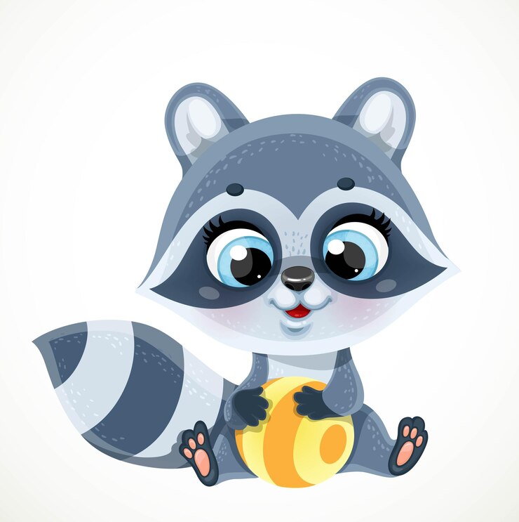 Vector el lindo bebé mapaches de dibujos animados con la pelota despojada se sienta sobre un fondo blanco