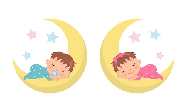 Lindo bebé y niña durmiendo en la luna creciente el género del bebé revela la ilustración estilo de dibujos animados de vector plano