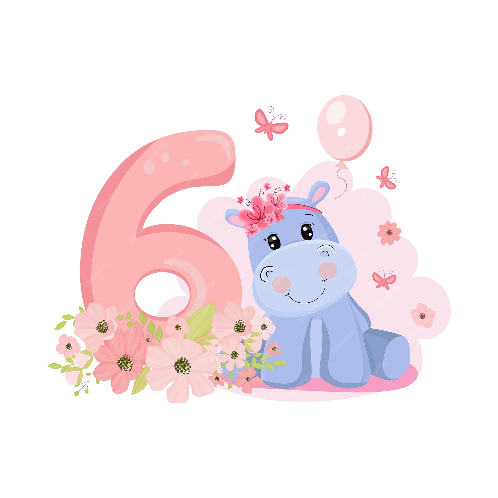 unir Calumnia unidad Lindo bebé niña hipopótamo invitación de cumpleaños seis años 6 meses feliz  cumpleaños | Vector Premium