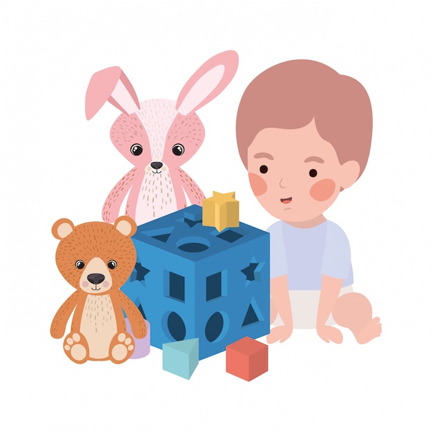 Lindo bebé niño jugando con juguetes personaje
