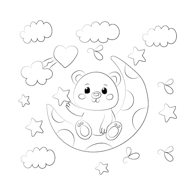 Lindo bebé oso en la luna con estrellas y nubes ilustración