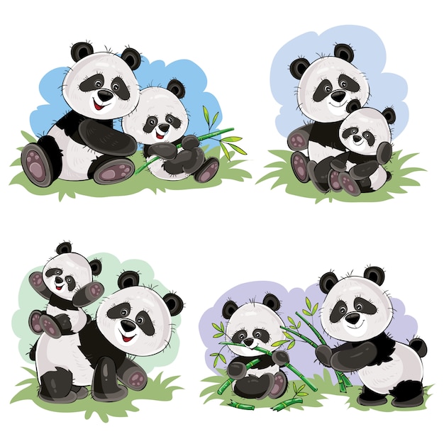 Lindo bebé oso panda y su madre jugando en la hierba