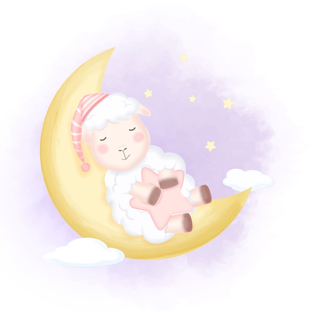 Vector lindo bebé ovejas durmiendo en la ilustración de la luna