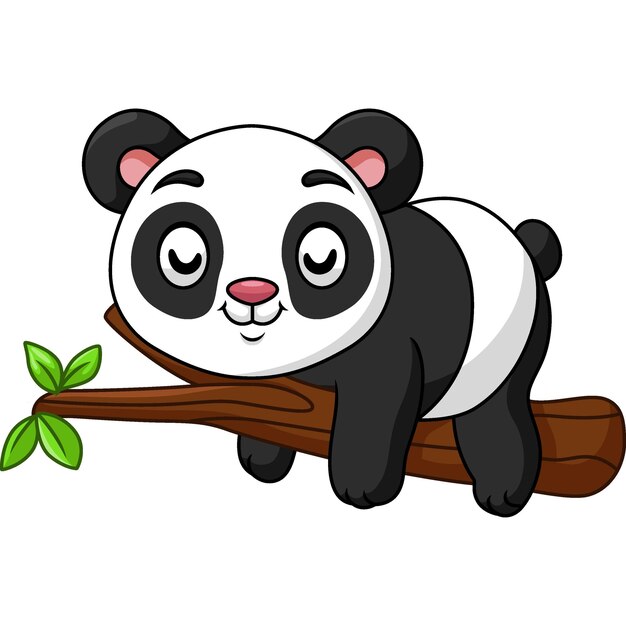Lindo bebé panda de dibujos animados durmiendo en la rama de un árbol