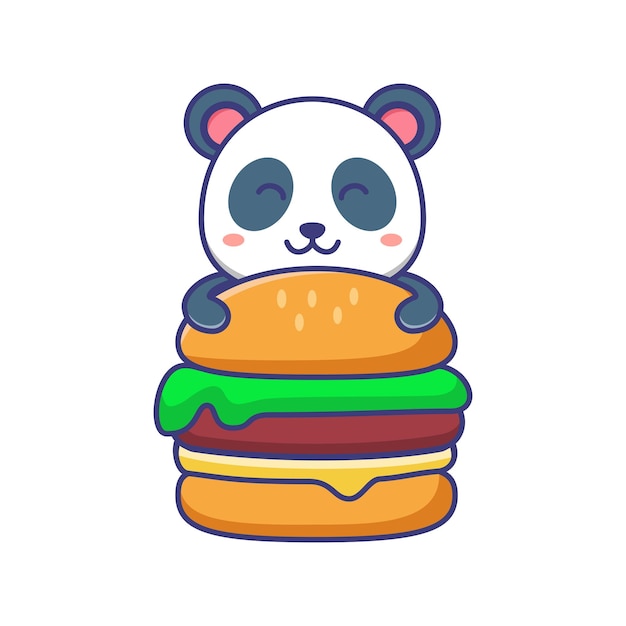 Lindo bebé panda con ilustración de dibujos animados de hamburguesa