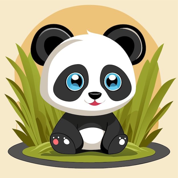 Vector lindo bebé panda sentado en la hierba dibujado a mano dibujos animados pegatina icono concepto aislado ilustración