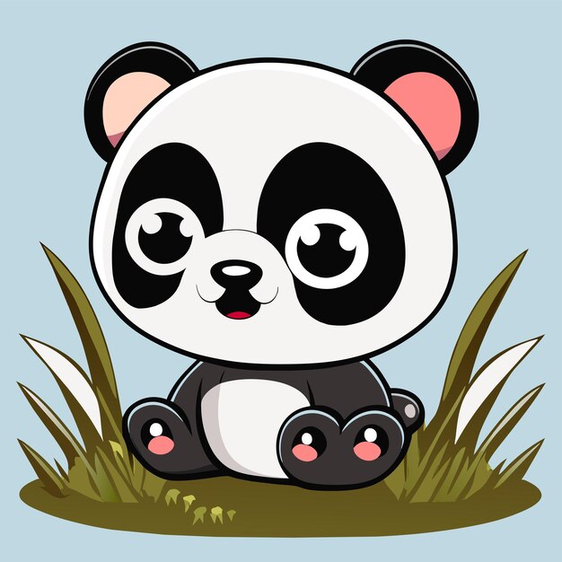 Vector lindo bebé panda sentado en la hierba dibujado a mano dibujos animados pegatina icono concepto aislado ilustración