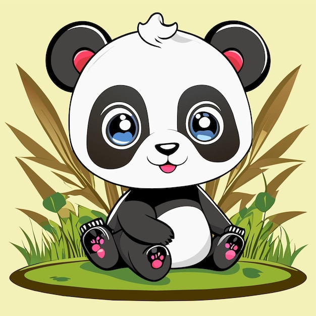 Vector lindo bebé panda sentado en la hierba dibujado a mano dibujos animados pegatina icono concepto aislado ilustración