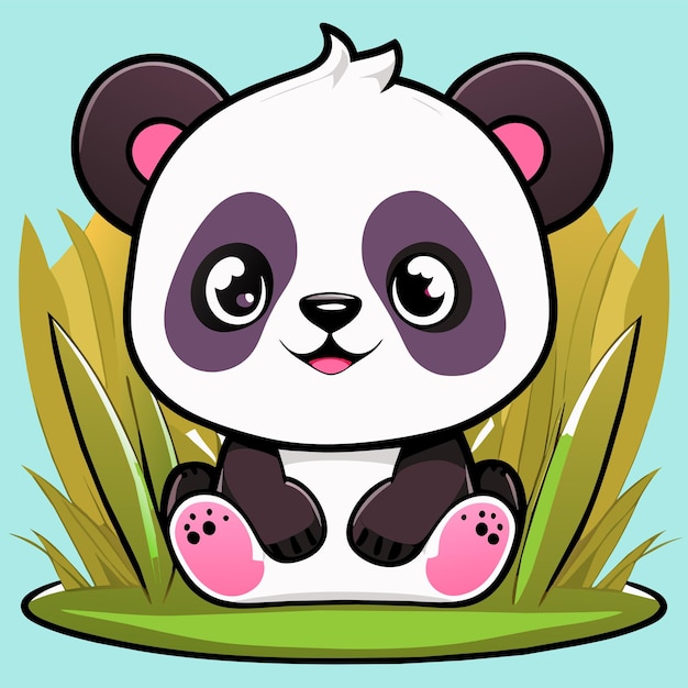 Vector lindo bebé panda sentado en la hierba dibujado a mano dibujos animados pegatina icono concepto aislado ilustración