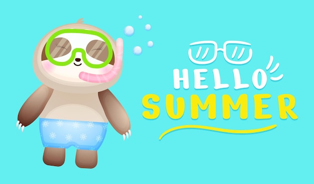 Lindo bebé perezoso con gafas de natación con pancarta de saludo de verano