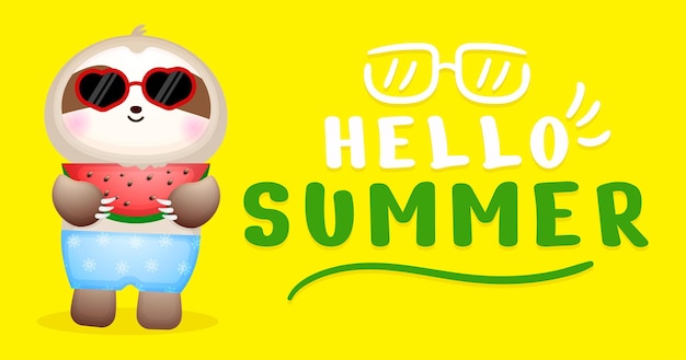 Lindo bebé perezoso sosteniendo sandía con banner de saludo de verano